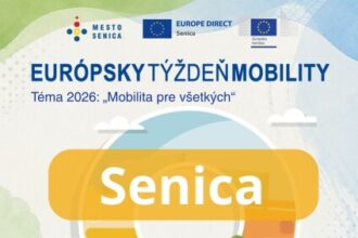 Plagát k Európskemu týždňu mobility v Senici s informáciami o raňajkách pre cyklistov, zvýhodnenom bikesharingu a MHD zdarma.