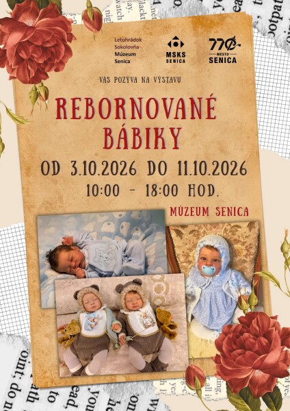 Plagát k výstave rebornovaných bábik v Múzeu Senica s termínom konania.