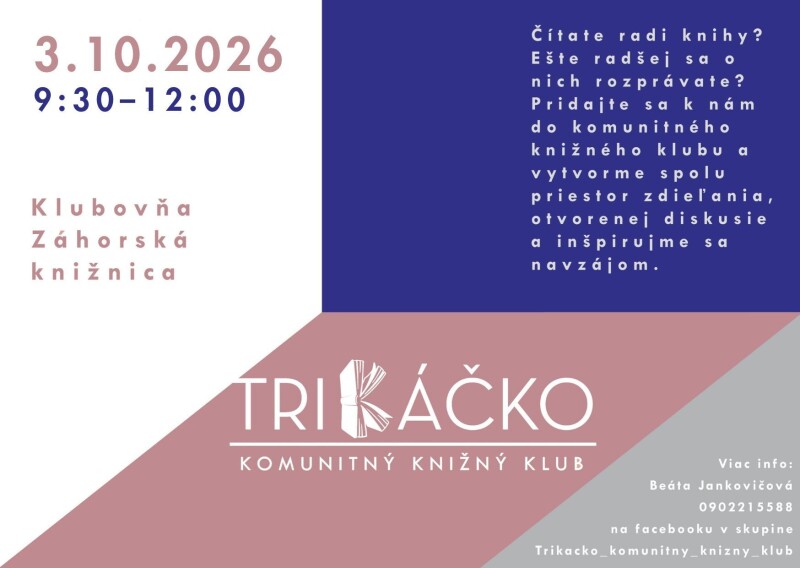 Plagát komunitného knižného klubu TriKáčko v Záhorskej knižnici v Senici s pozvánkou na stretnutie milovníkov kníh.
