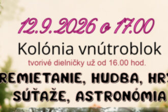 Plagát ku komunitnému podujatiu v Senici s informáciami o programe vo vnútrobloku na Kolónii.