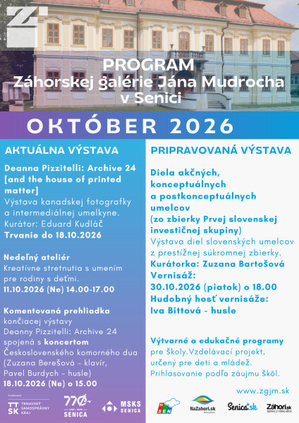 Plagát programu Záhorskej galérie Jána Mudrocha v Senici na október 2026.