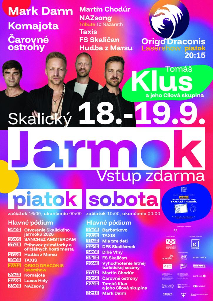 Plagát Skalického jarmoku 2026 s programom a menami účinkujúcich.