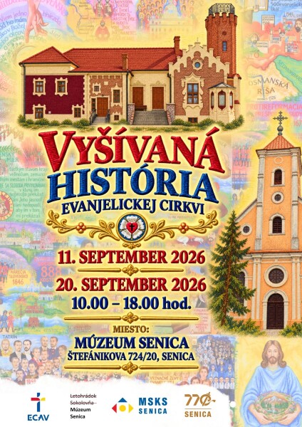 Plagát výstavy Vyšívaná história evanjelickej cirkvi v Múzeu Senica.