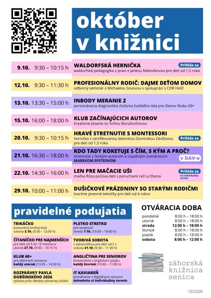 Plagát Záhorskej knižnice v Senici s októbrovým programom podujatí.