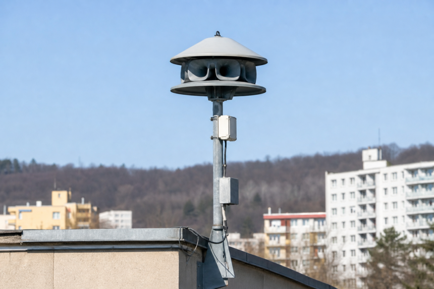 Siréna civilnej ochrany na streche budovy v meste