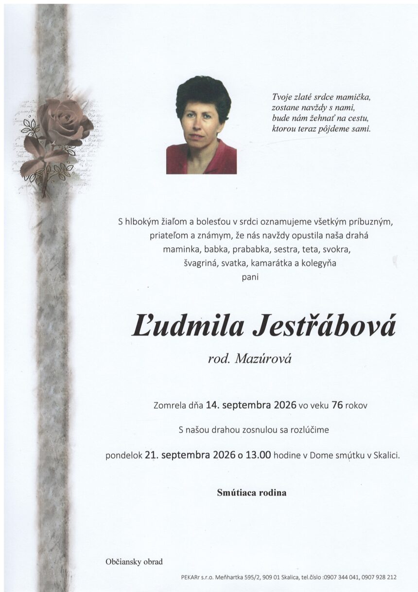 Smútočné oznámenie o úmrtí Ludmily Jestrábovej zo Skalice.
