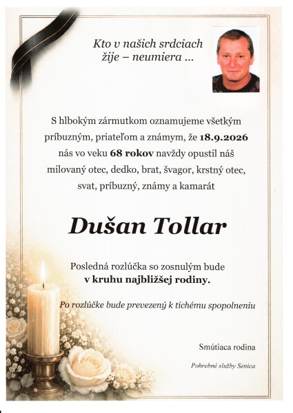 Smútočné oznámenie za Dušanom Tollarom zo Senice.