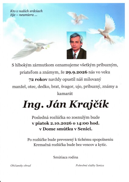 Smútočné oznámenie za Ing. Jána Krajčíka zo Senice