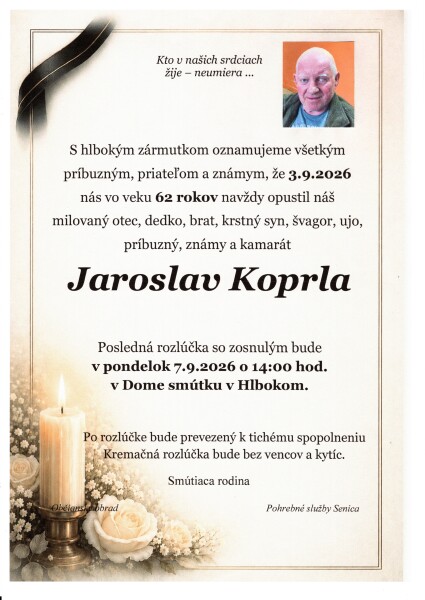 Smútočné oznámenie za Jaroslava Koprlu z Hlbokého