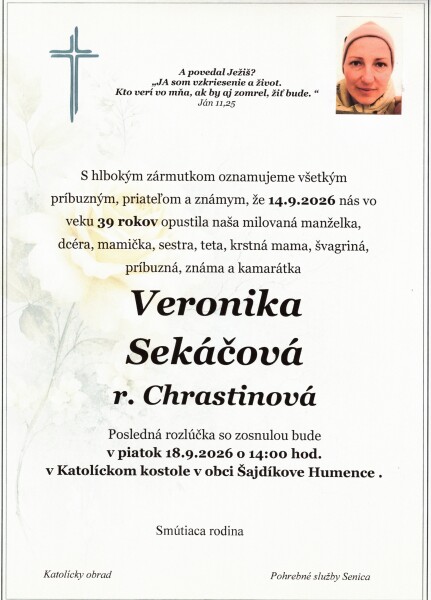Smútočné oznámenie za Veroniku Sekáčovú z Šajdíkových Humeniec.