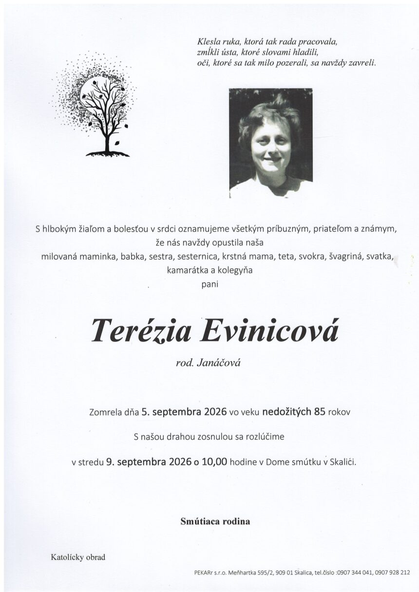 Smútočné parte Terézie Evinicovej zo Skalice