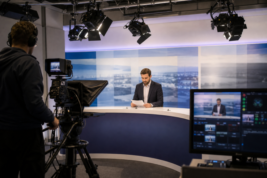 Televízne štúdio s kamerou a svetlami pri príprave regionálnych správ.