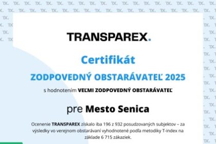 Certifikát Zodpovedný obstarávateľ 2025 pre mesto Senica s hodnotením A+