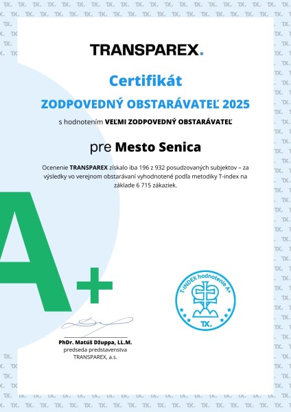 Certifikát Zodpovedný obstarávateľ 2025 pre mesto Senica s hodnotením A+