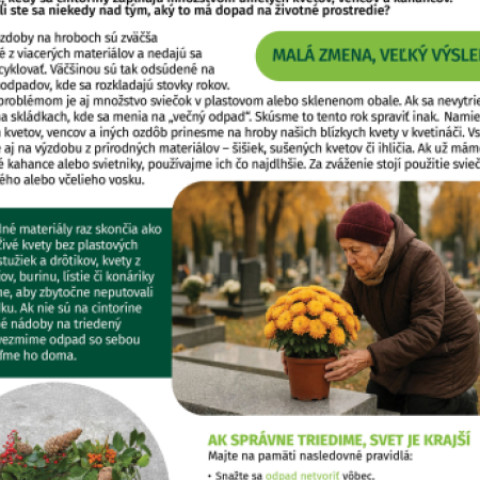 Informačný plagát o triedení odpadu a údržbe hrobov pred Dušičkami.