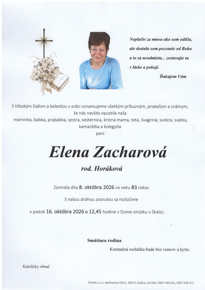 Parte Eleny Zacharovej zo Skalice s údajmi o úmrtí a poslednej rozlúčke.