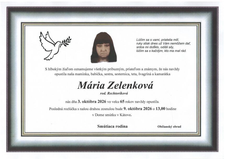 Parte Márie Zelenkovej z Kátova s informáciou o úmrtí a poslednej rozlúčke.