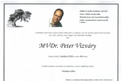 Parte MVDDr. Petra Vizvára so smútočným oznámením o úmrtí vo veku 49 rokov.
