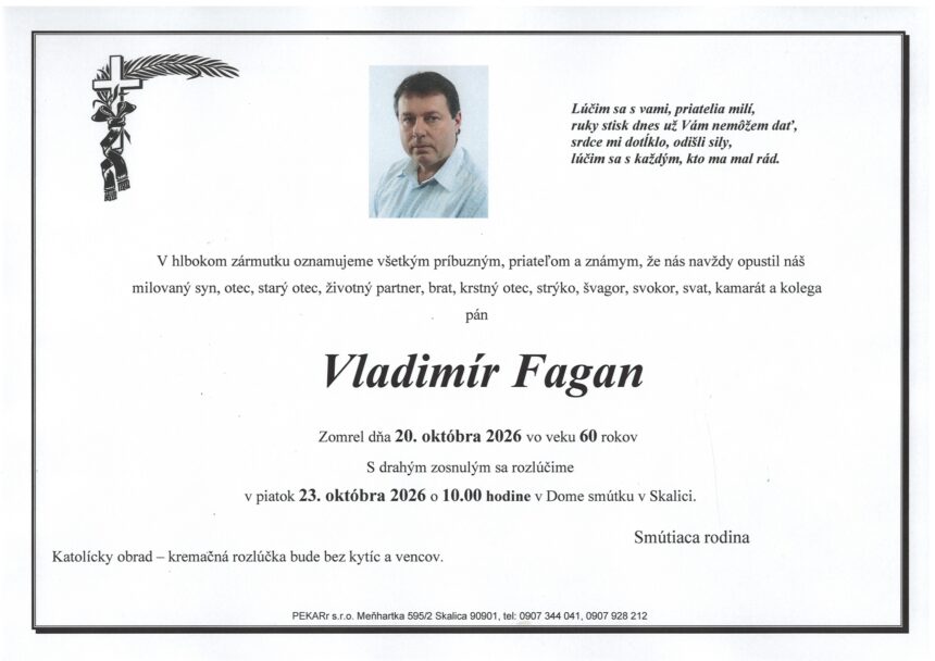 Parte zosnulého Vladimíra Fagana zo Skalice s informáciou o poslednej rozlúčke.
