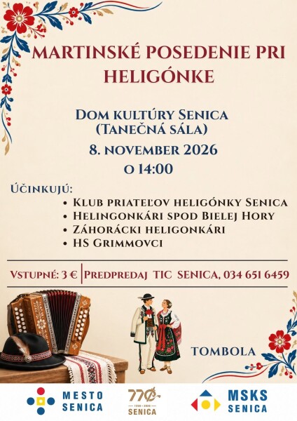 Plagát k podujatiu Martinské posedenie pri heligónke v Dome kultúry Senica.