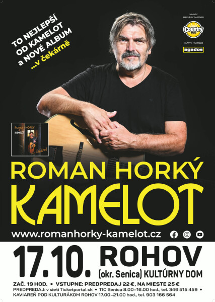Plagát koncertu skupiny Kamelot v Rohove s dátumom a miestom konania.
