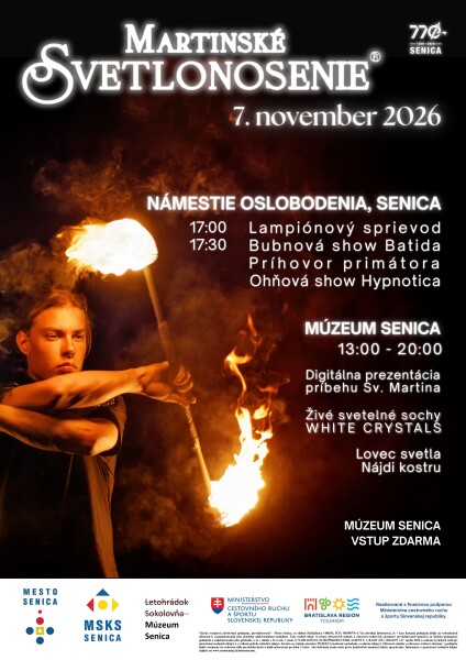 Plagát Martinské svetlonosenie v Senici s lampiónovým sprievodom, bubnovou a ohnivou šou.