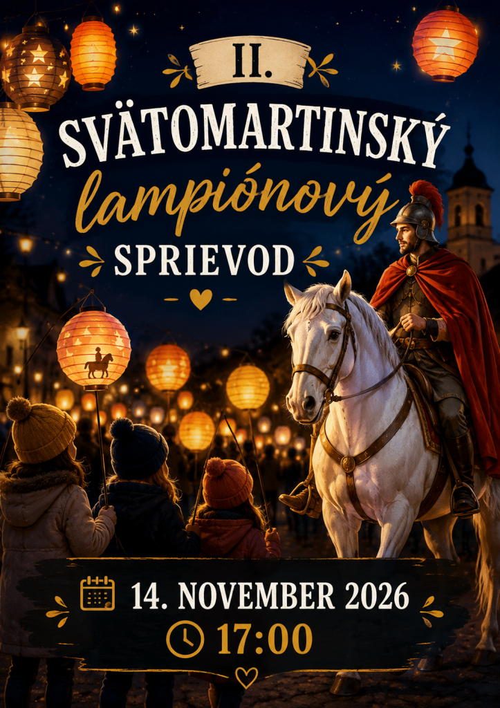 Plagát na druhý svätomartinský lampiónový sprievod v Gbeloch s dátumom 14. novembra 2026 o 17:00.