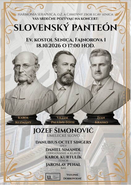 Plagát na koncert Slovenský panteón v evanjelickom kostole v Senici.