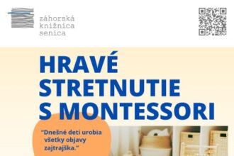 Plagát na podujatie Hravé stretnutie s Montessori v Záhorskej knižnici v Senici.