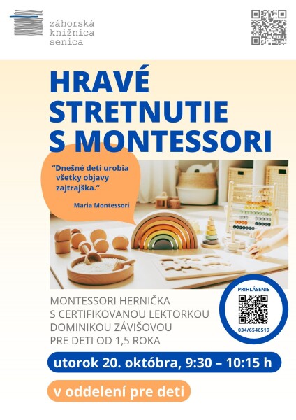 Plagát na podujatie Hravé stretnutie s Montessori v Záhorskej knižnici v Senici.