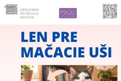 Plagát podujatia v Záhorskej knižnici Senica s mačkou Rózou a informáciami o čítaní pre deti.