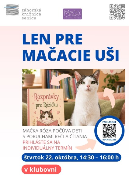 Plagát podujatia v Záhorskej knižnici Senica s mačkou Rózou a informáciami o čítaní pre deti.
