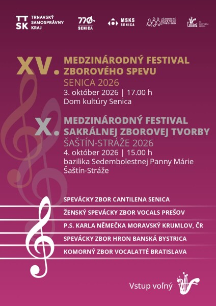 Plagát s pozvánkou na festival zborového spevu v Senici a festival sakrálnej zborovej tvorby v Šaštíne-Strážach.