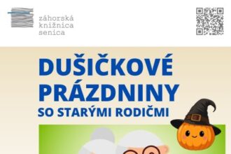 Plagát Záhorskej knižnice v Senici k podujatiu Dušičkové prázdniny so starými rodičmi.