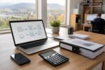Pracovný stôl s notebookom a dokladmi pri spracovaní elektronickej faktúry