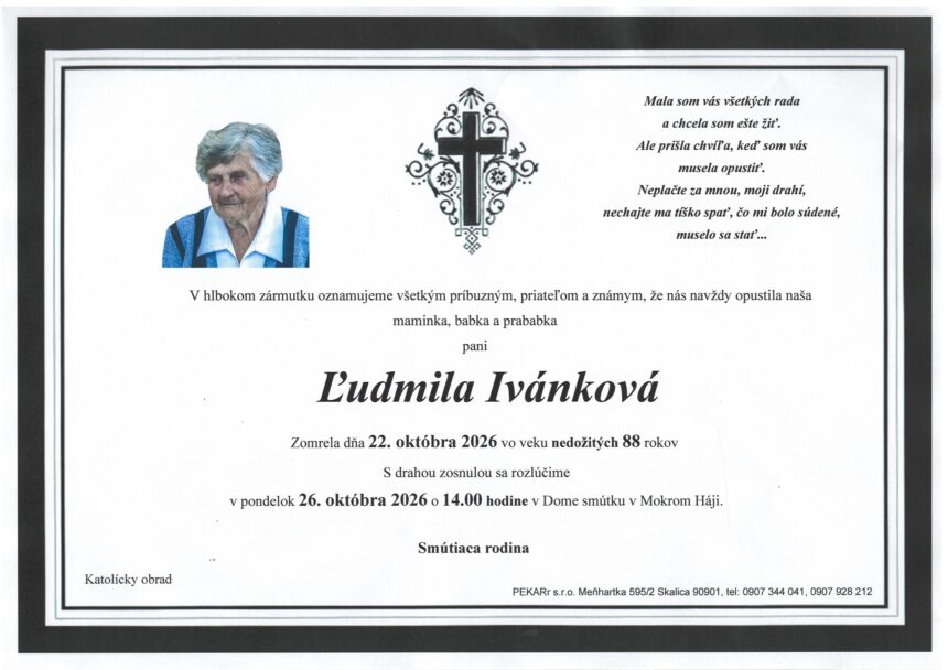 Smútočné oznámenie k úmrtiu Ľudmily Ivánkovej.