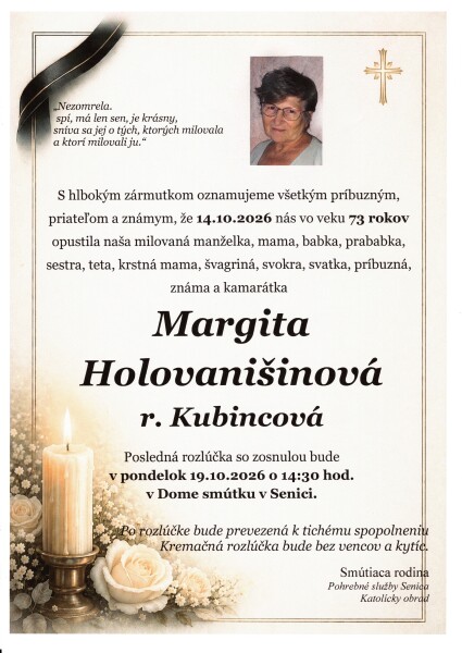 Smútočné oznámenie Margity Holovanišinovej zo Senice.