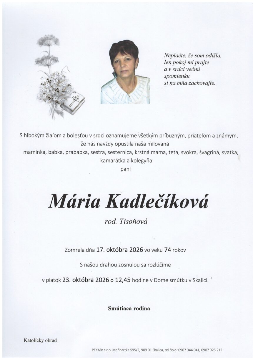 Smútočné oznámenie Mária Kadlečiková zo Skalice