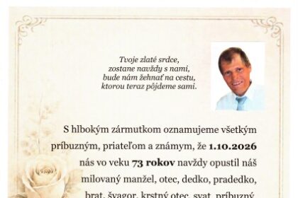 Smútočné oznámenie Miroslava Sládeka zo Senice s informáciou o poslednej rozlúčke.