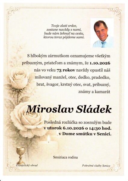 Smútočné oznámenie Miroslava Sládeka zo Senice s informáciou o poslednej rozlúčke.