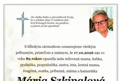 Smútočné oznámenie o úmrtí Márie Szkipalovej zo Senice.