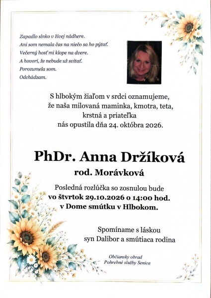 Smútočné oznámenie za PhDr. Annu Držíkovú s dátumom poslednej rozlúčky.