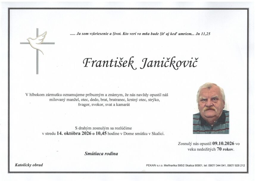 Smútočné parte Františka Janičkoviča zo Skalice.